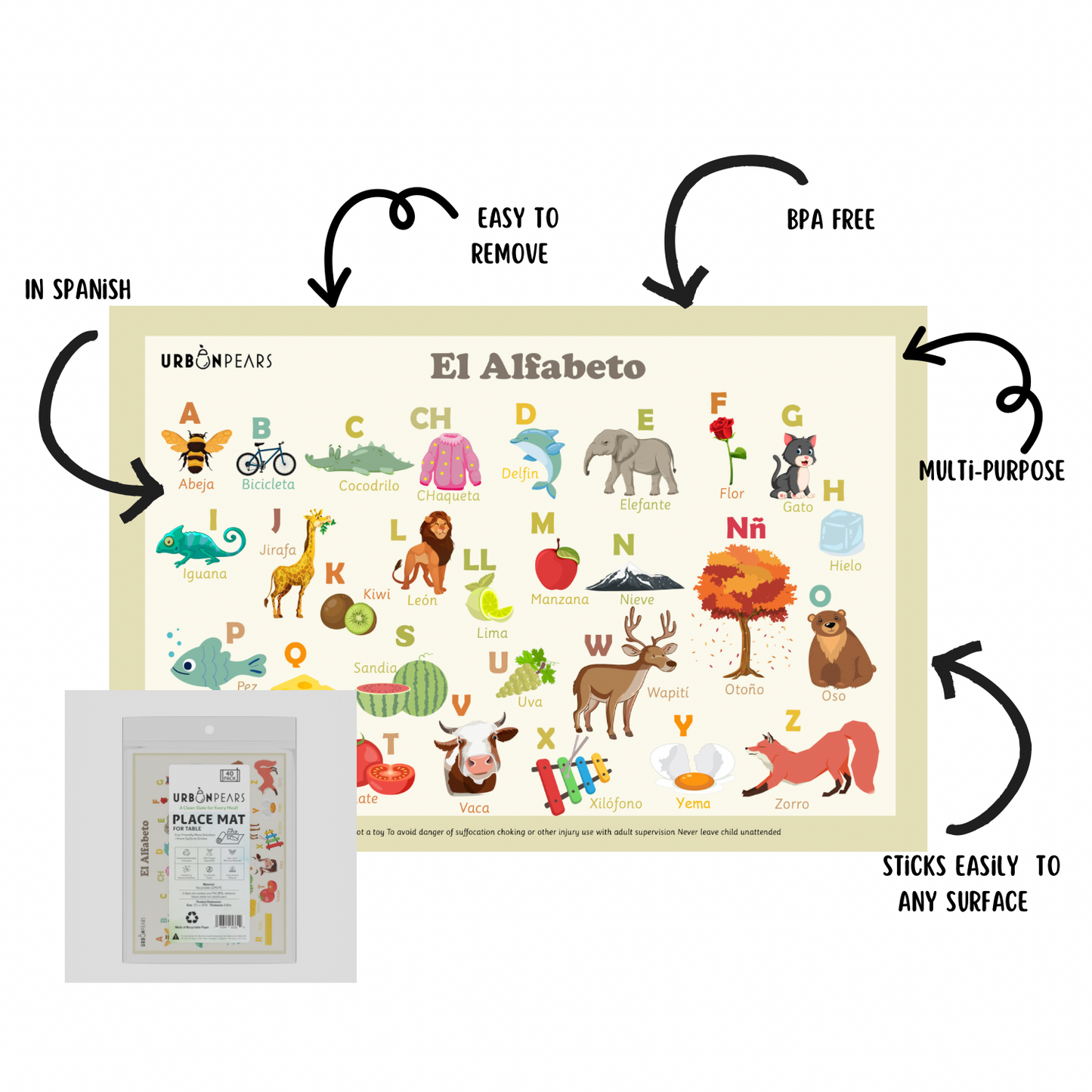 Urban Pears - Disposable Stick-on Placemats -40 pack for Baby & Kids at Home, Restaurant and School - 12'' x 18'', Spanish Alphabet Theme